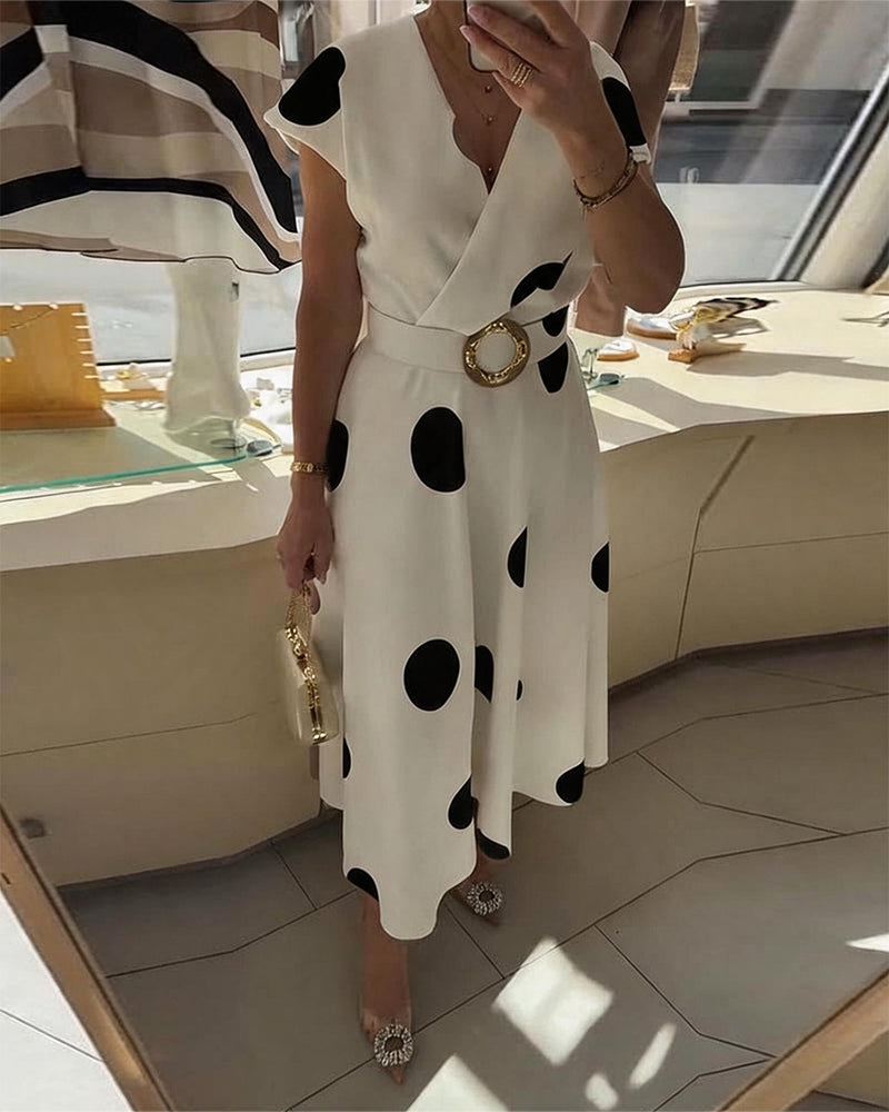 Ariel | Robe Midi Pois Grands Col V & Ceinture Dorée