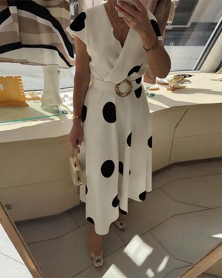 Ariel | Robe Midi Pois Grands Col V & Ceinture Dorée