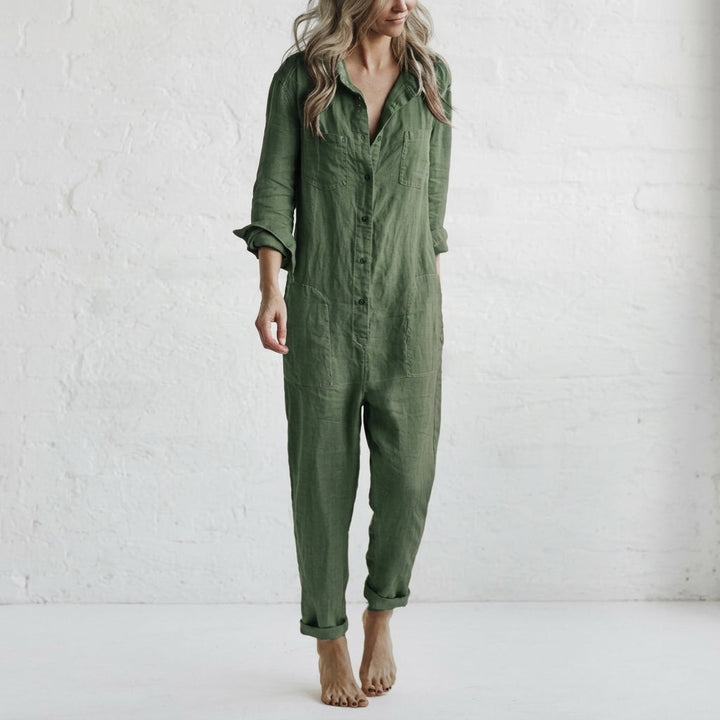 Elvina | Combinaison Lin Boutonnée & Poches Cargo