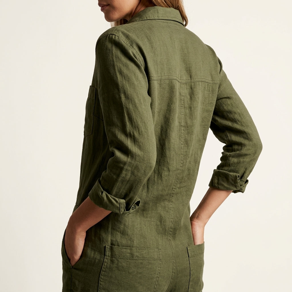 Elvina | Combinaison Lin Boutonnée & Poches Cargo