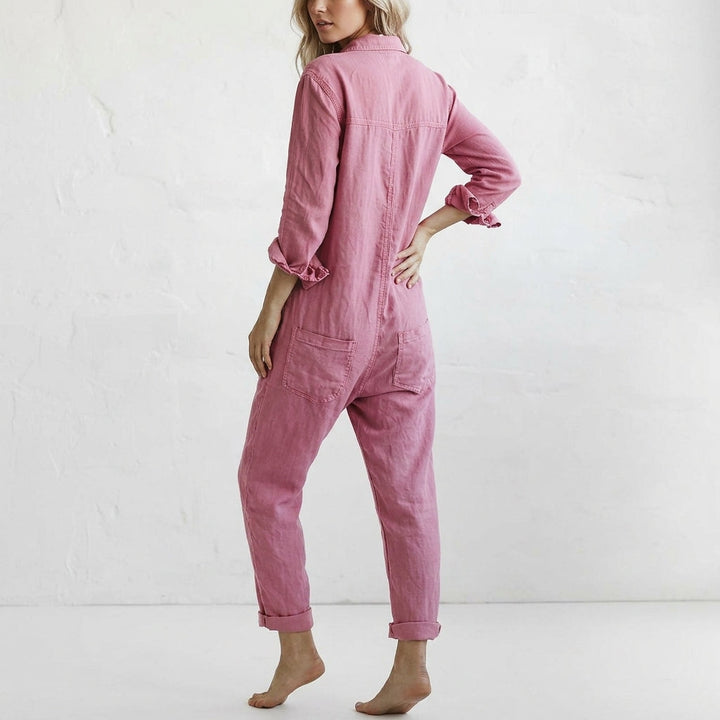 Elvina | Combinaison Lin Boutonnée & Poches Cargo
