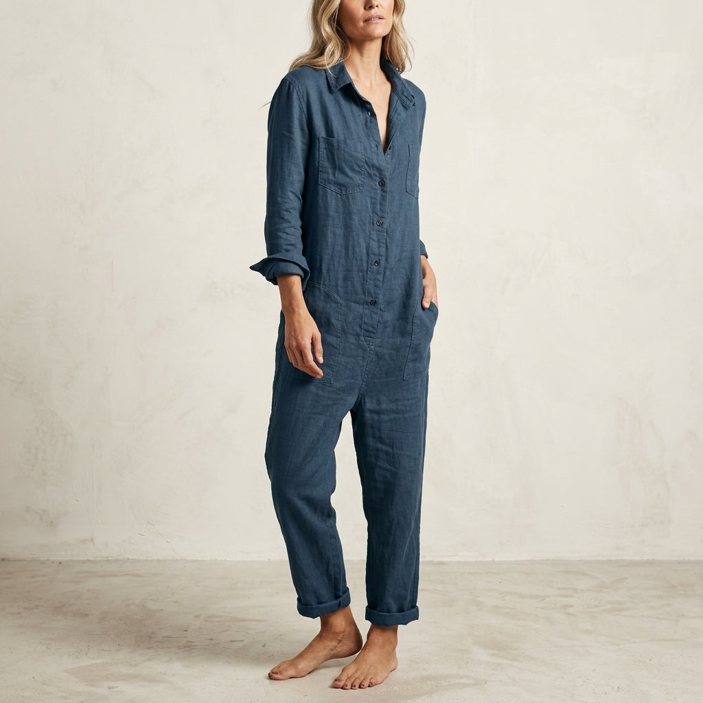 Elvina | Combinaison Lin Boutonnée & Poches Cargo