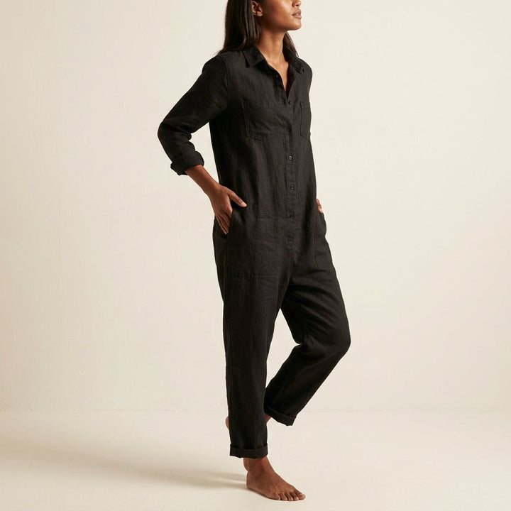 Elvina | Combinaison Lin Boutonnée & Poches Cargo