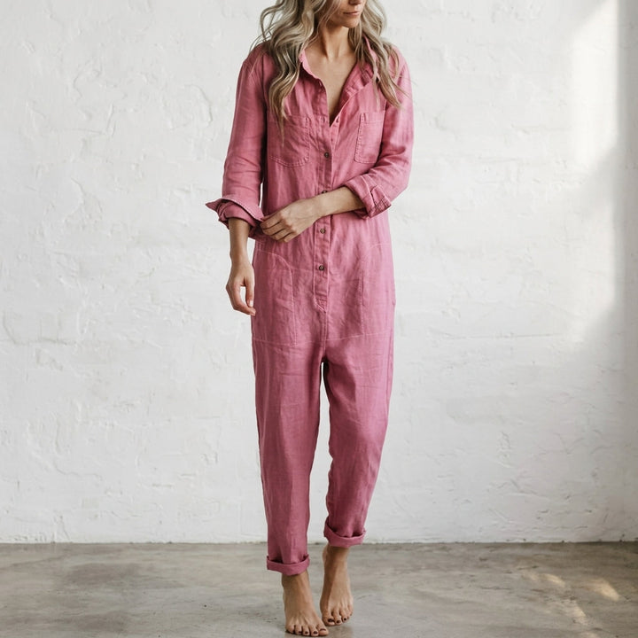 Elvina | Combinaison Lin Boutonnée & Poches Cargo