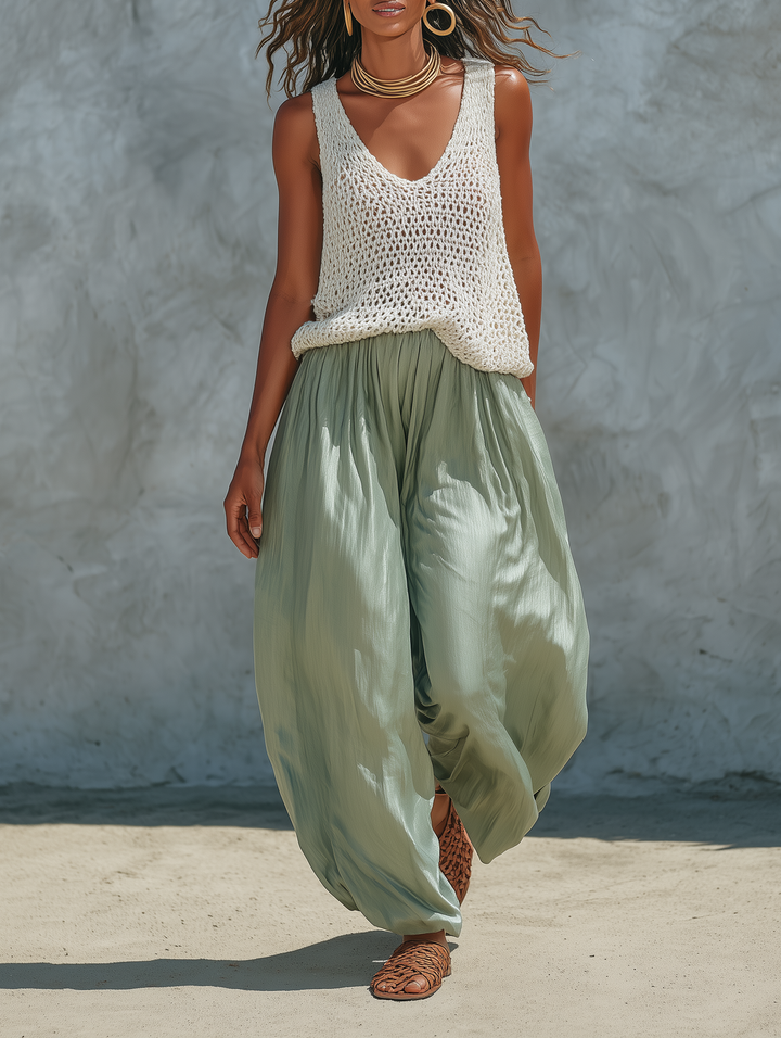 Ensemble Débardeur Tricoté en Maille Minimaliste pour Femmes et Pantalons Bouffants en Faux-Acétate
