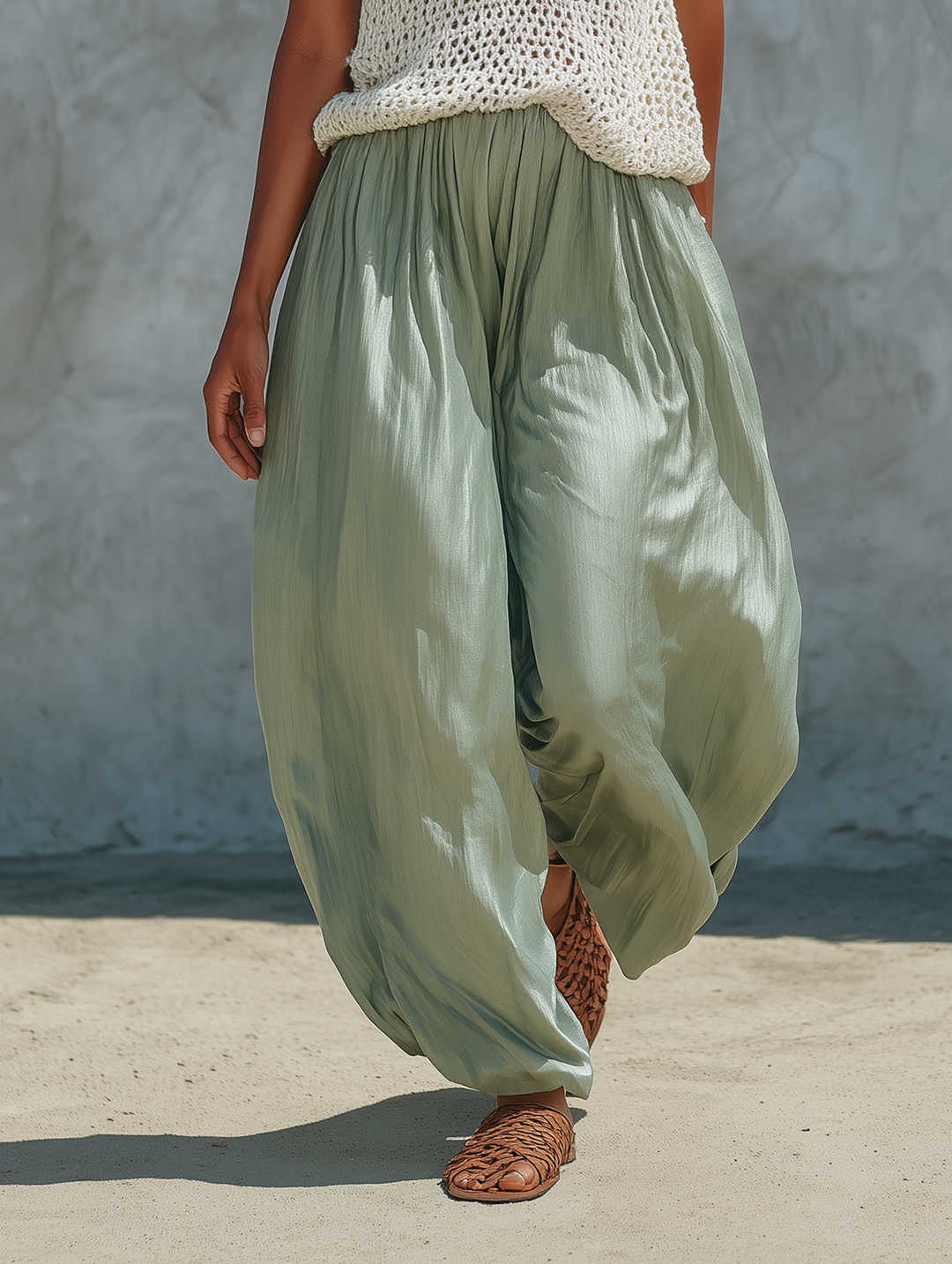 Ensemble Débardeur Tricoté en Maille Minimaliste pour Femmes et Pantalons Bouffants en Faux-Acétate
