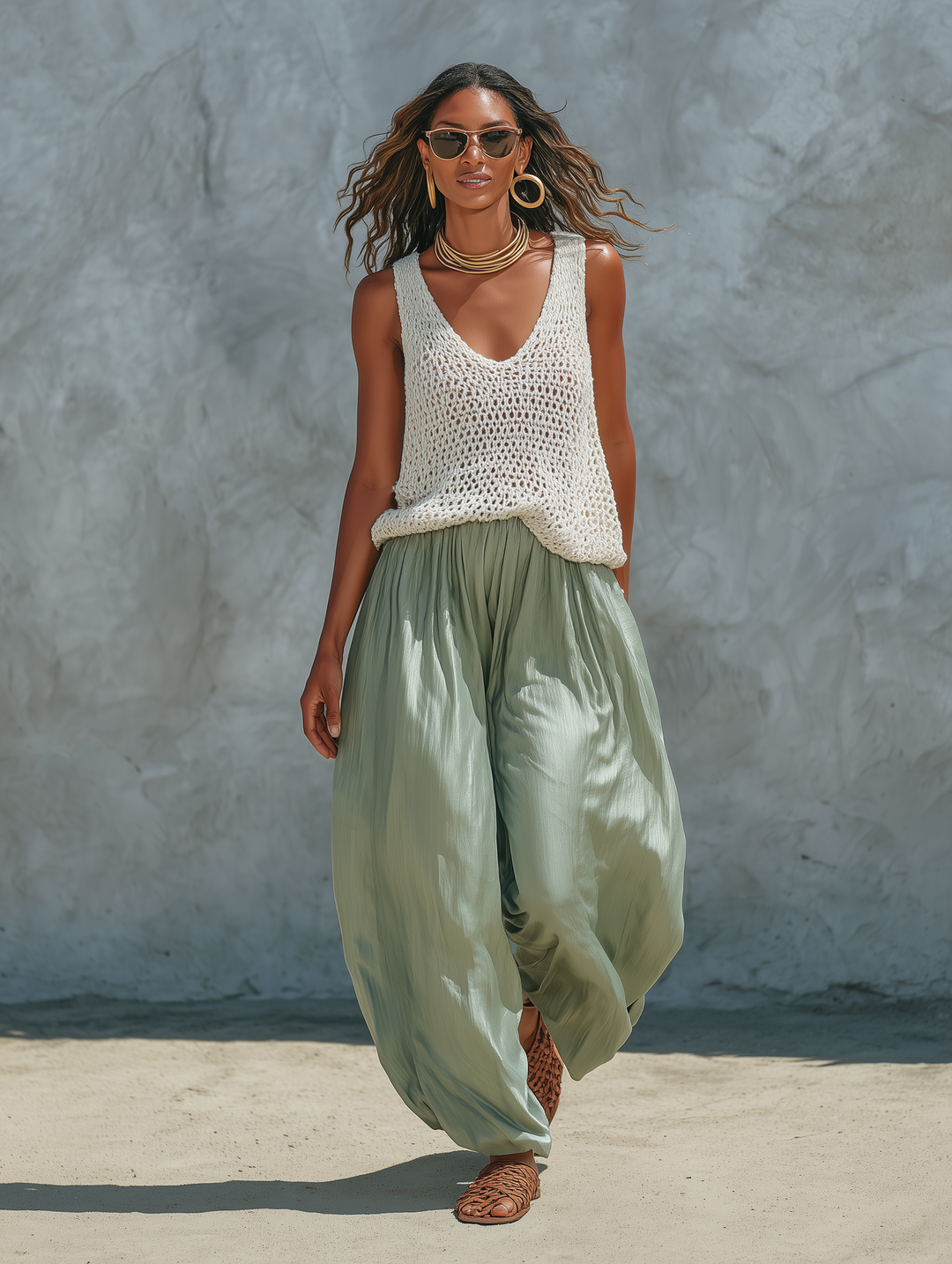 Ensemble Débardeur Tricoté en Maille Minimaliste pour Femmes et Pantalons Bouffants en Faux-Acétate