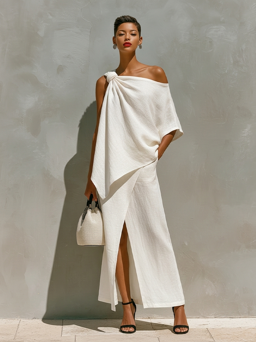 Ensemble en Lin Blanc pour Femmes avec Détail de Nœud Épaule Unique et Fente Avant, Ensemble Minimaliste-Resort Intemporel