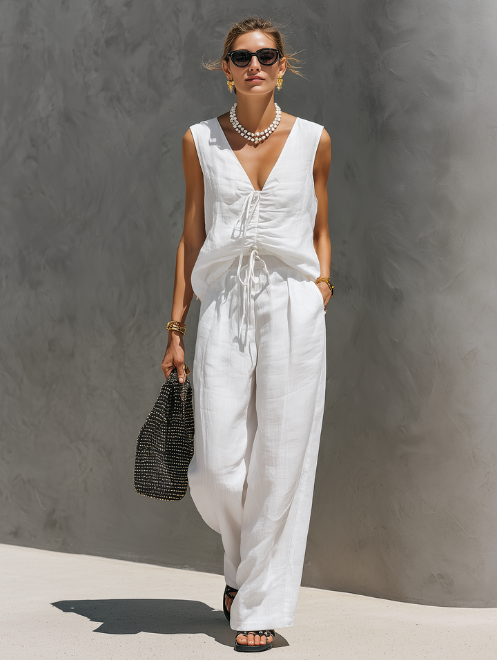 Ensemble Décontracté Femme Top Sans Manches V-Cou en Coton-Lin Blanc et Pantalon (Doublé)