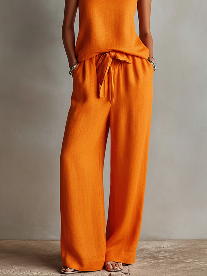 Ensemble Femme en Lin Orange à Deux Pièces avec Débardeur à Col Carré & Pantalons Amples à Taille Liée, Ensemble Style Boho-Resort Intemporel