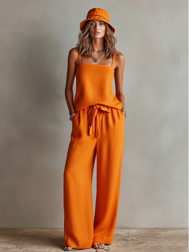 Ensemble Femme en Lin Orange à Deux Pièces avec Débardeur à Col Carré & Pantalons Amples à Taille Liée, Ensemble Style Boho-Resort Intemporel