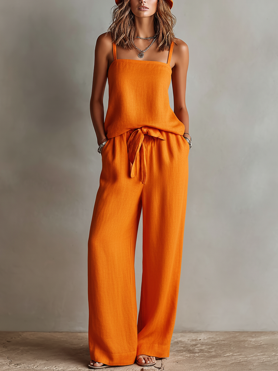Ensemble Femme en Lin Orange à Deux Pièces avec Débardeur à Col Carré & Pantalons Amples à Taille Liée, Ensemble Style Boho-Resort Intemporel