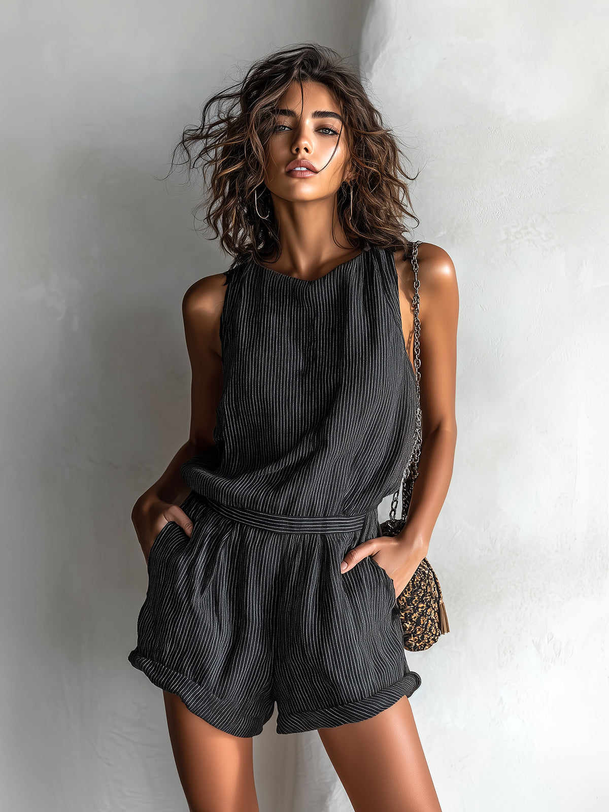 Ora | Ensemble Rayé Top Sans Manches & Short Taille Élastique