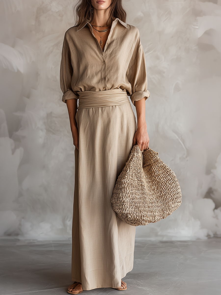 Ensemble Blouse en Mélange de Lin Classique & Jupe Portefeuille