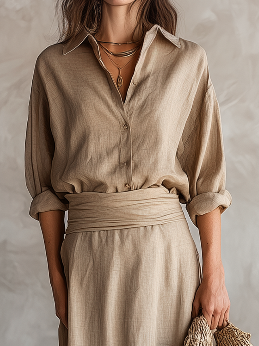 Ensemble Blouse en Mélange de Lin Classique & Jupe Portefeuille