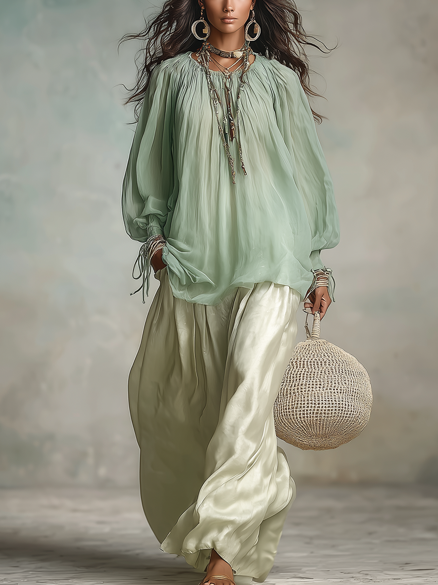 Ensemble Top Chiffon Vert Sauge et Jupe Satin