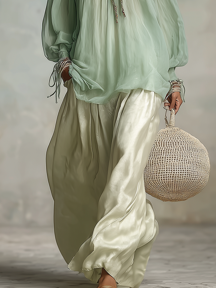 Ensemble Top Chiffon Vert Sauge et Jupe Satin