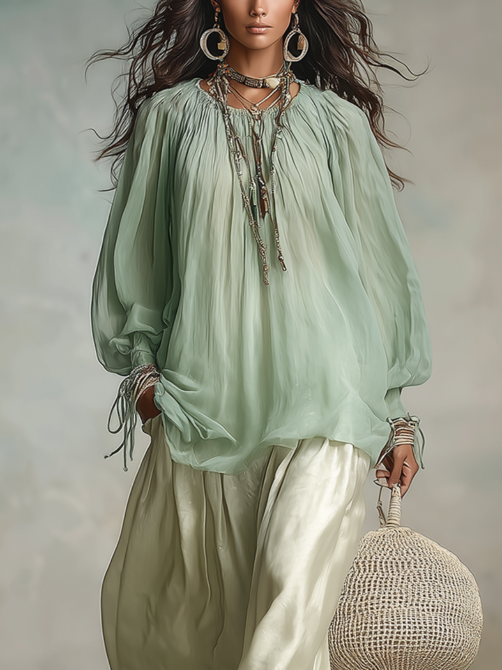 Ensemble Top Chiffon Vert Sauge et Jupe Satin