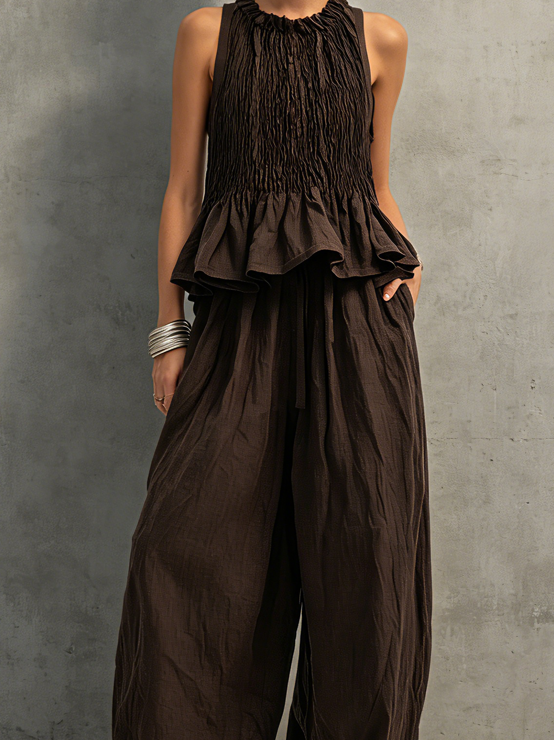 Top et Pantalon Sans Manches en Coton-Lin Marron Foncé