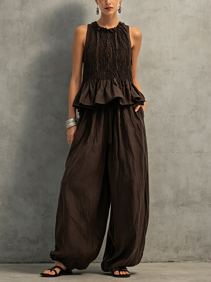 Top et Pantalon Sans Manches en Coton-Lin Marron Foncé