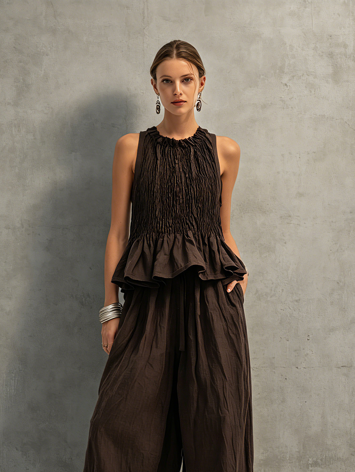Top et Pantalon Sans Manches en Coton-Lin Marron Foncé