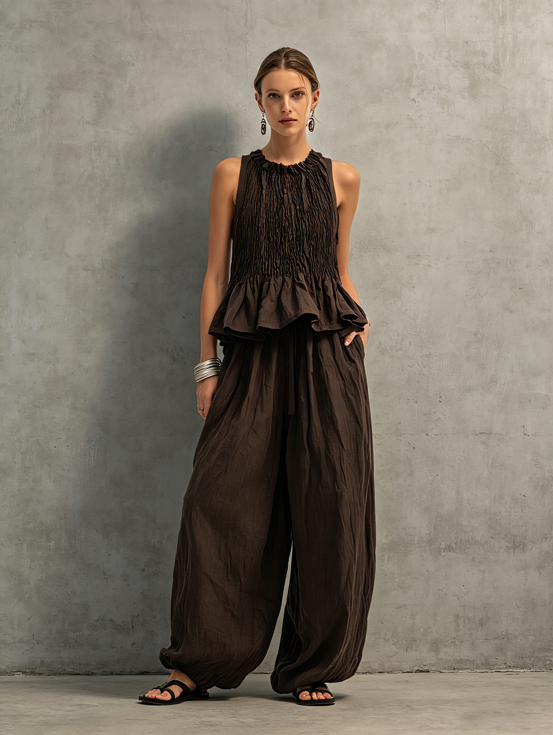 Top et Pantalon Sans Manches en Coton-Lin Marron Foncé