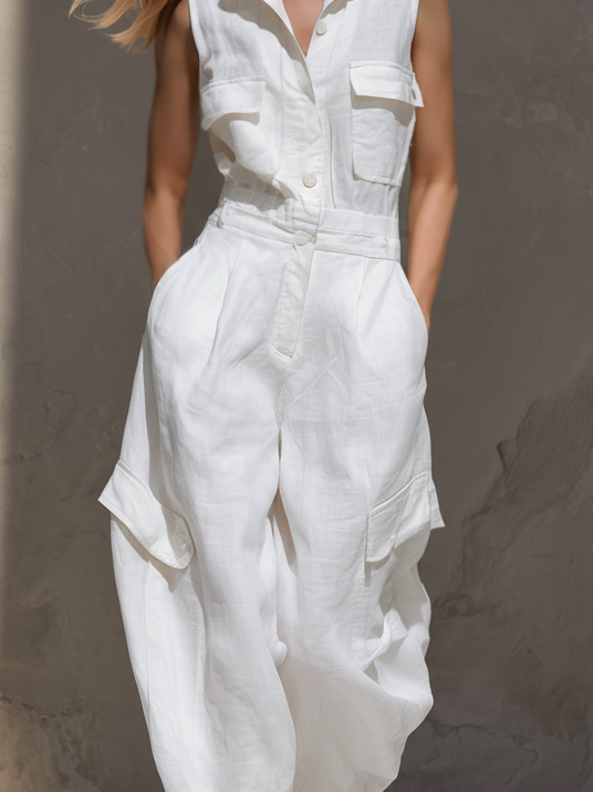 Combinaison sans manches en coton-lin blanche avec col