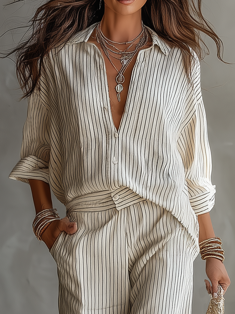 Ensemble de Chemise Relaxée Rayée Légère