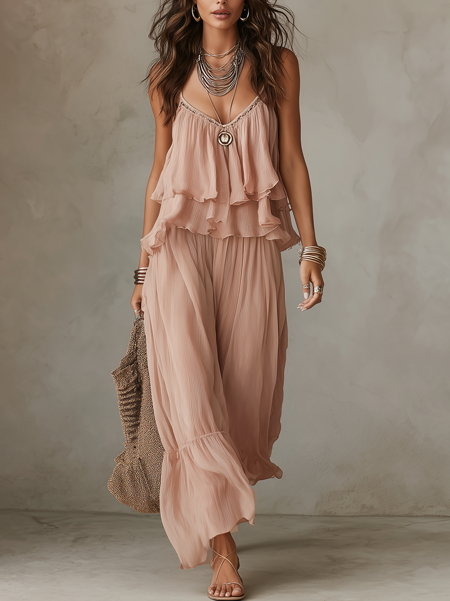 Ensemble Jupe en Chiffon Superposé Rose Doux