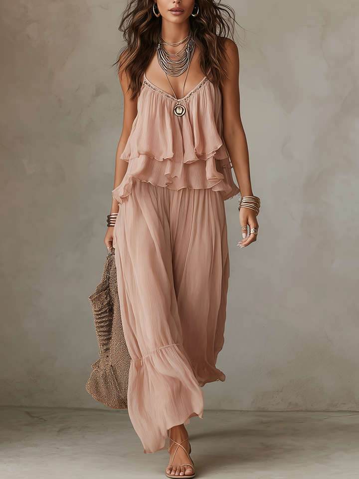 Ensemble Jupe en Chiffon Superposé Rose Doux