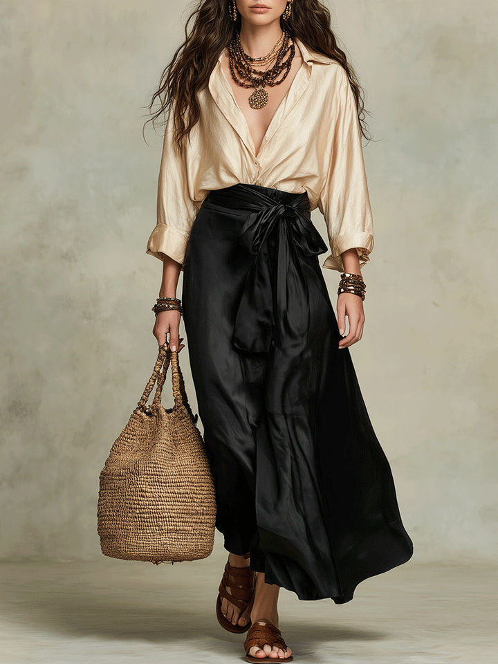 Ensemble Jupe Drapée en Satin & Blouse en Soie Noir Champagne