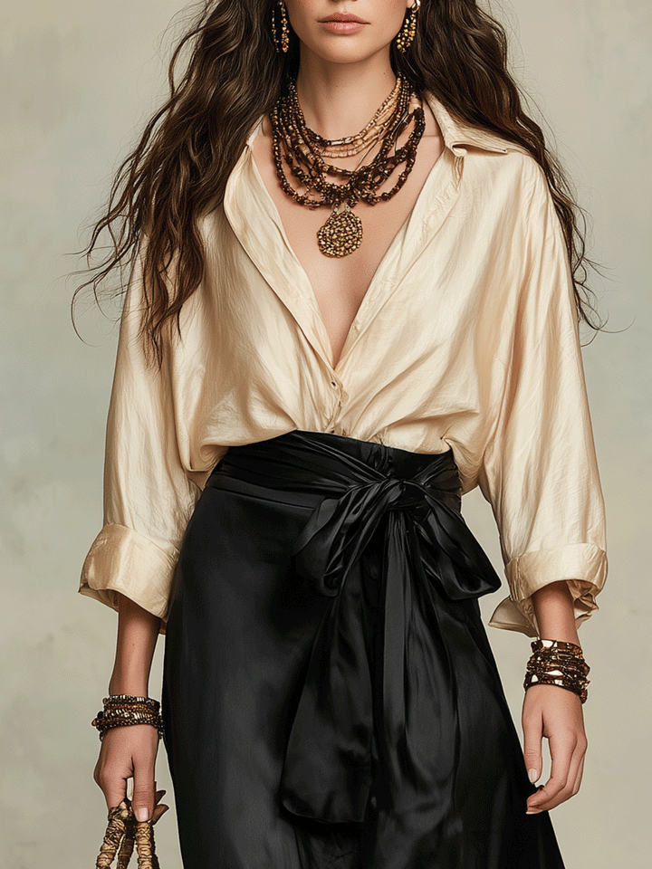 Ensemble Jupe Drapée en Satin & Blouse en Soie Noir Champagne