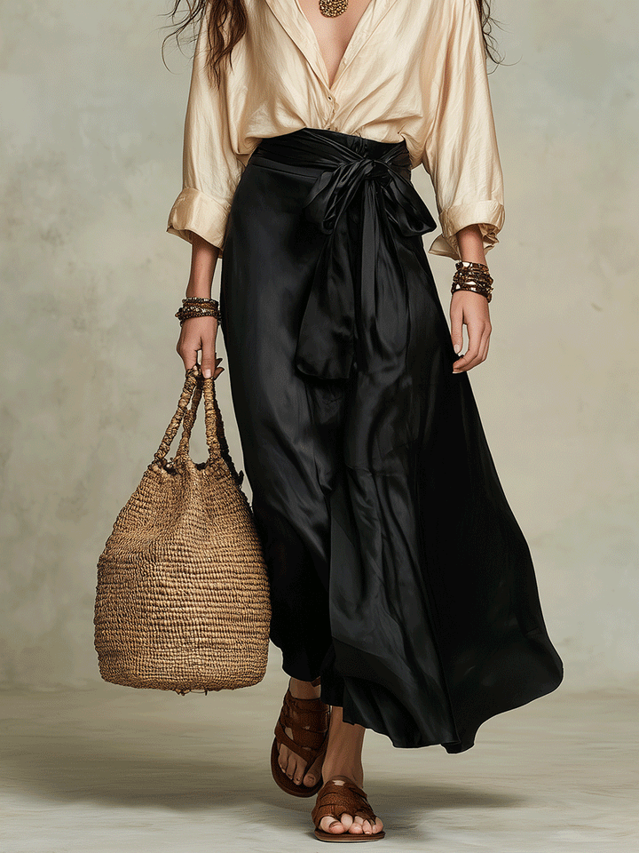 Ensemble Jupe Drapée en Satin & Blouse en Soie Noir Champagne