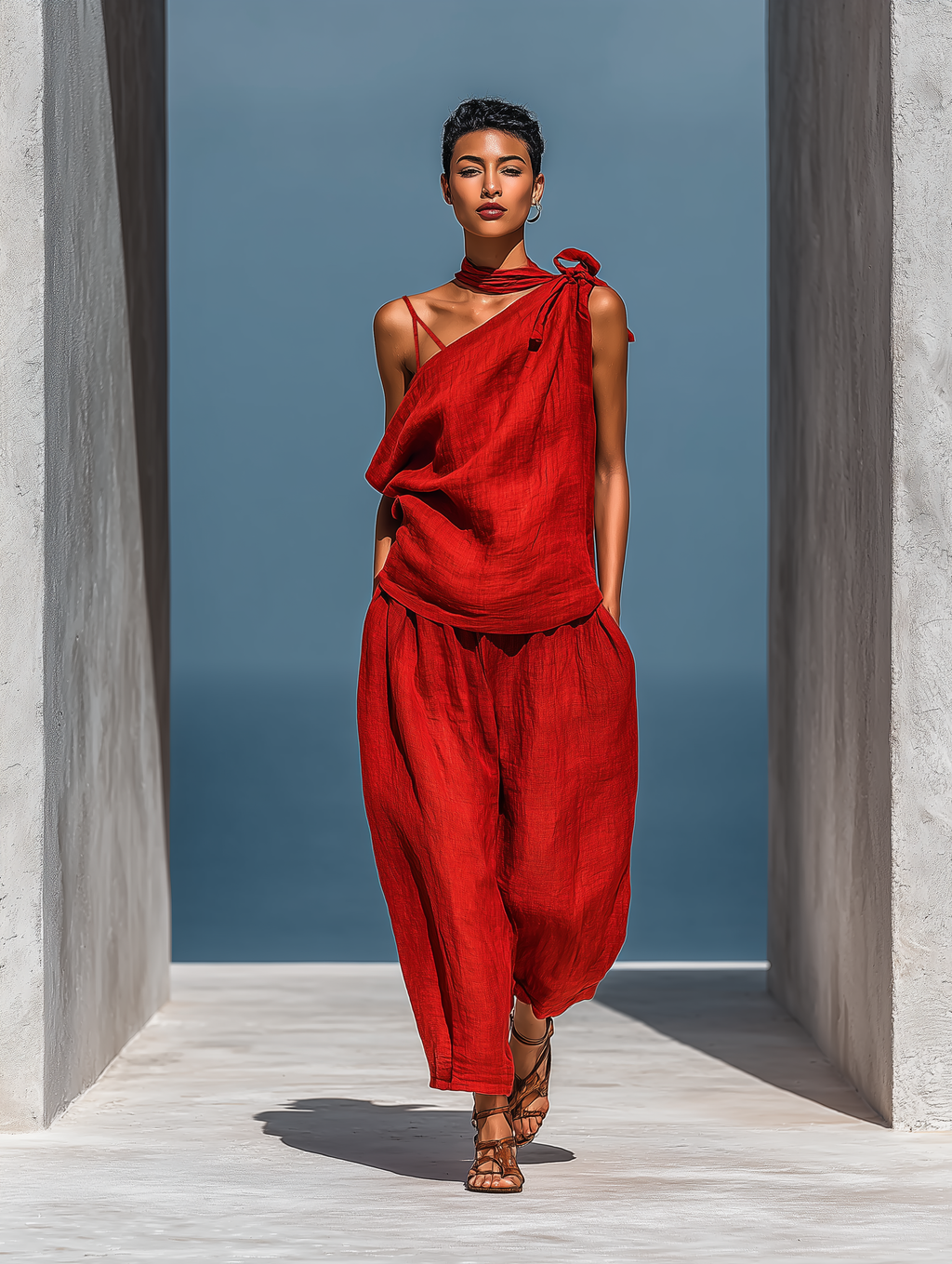 Ensemble Deux Pièces Rouge en Mélange de Lin pour Femmes : Top Asymétrique à Une Épaule (Sans Écharpe) & Pantalon Large avec Poches