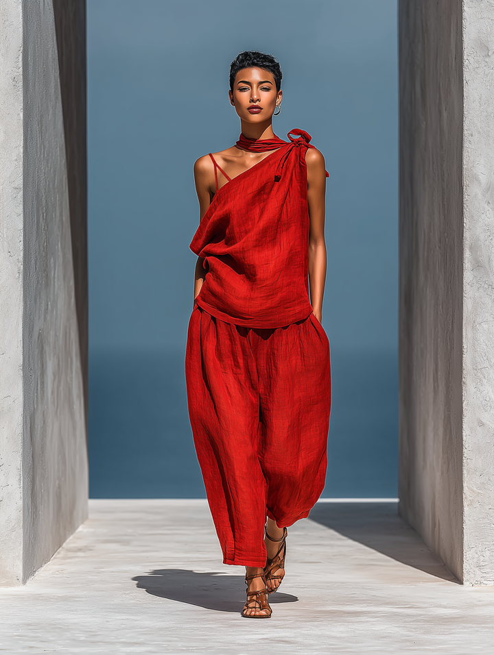 Ensemble Deux Pièces Rouge en Mélange de Lin pour Femmes : Top Asymétrique à Une Épaule (Sans Écharpe) & Pantalon Large avec Poches