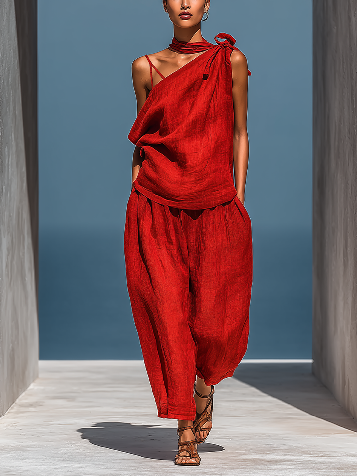 Ensemble Deux Pièces Rouge en Mélange de Lin pour Femmes : Top Asymétrique à Une Épaule (Sans Écharpe) & Pantalon Large avec Poches