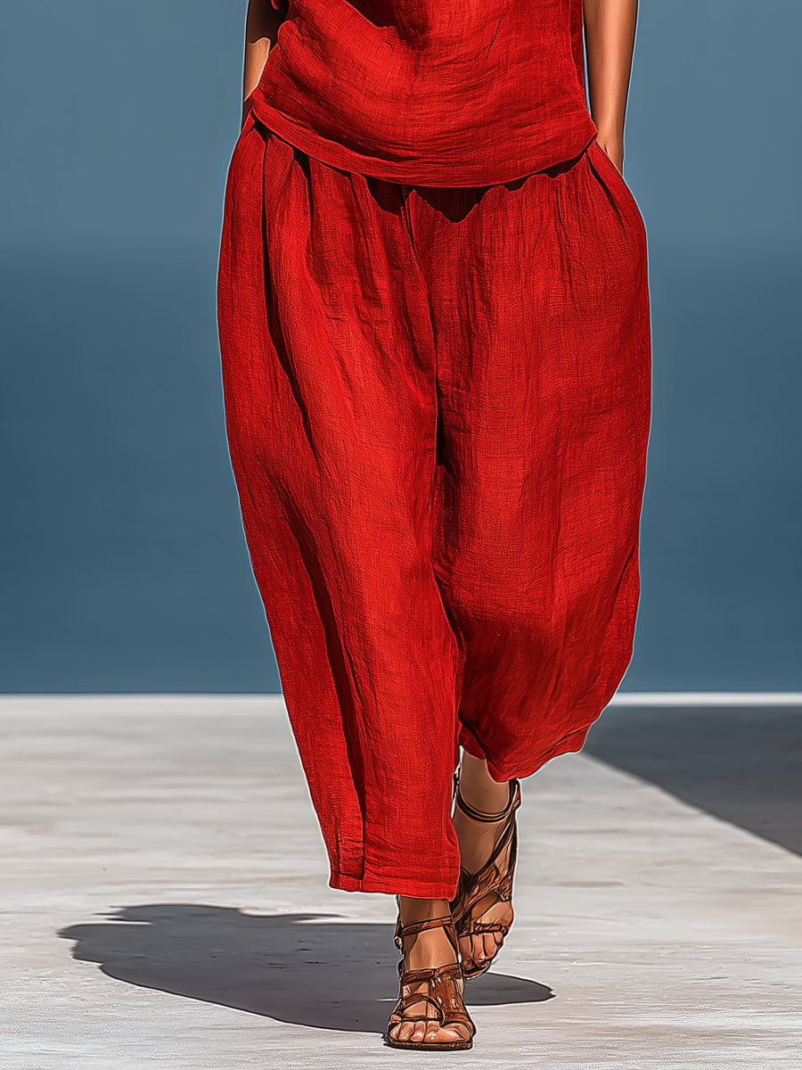Ensemble Deux Pièces Rouge en Mélange de Lin pour Femmes : Top Asymétrique à Une Épaule (Sans Écharpe) & Pantalon Large avec Poches