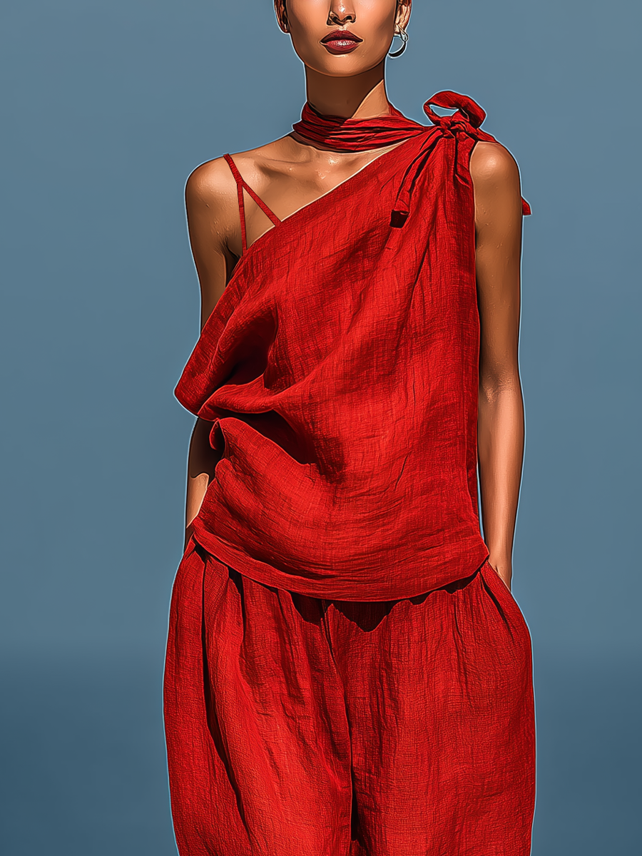 Ensemble Deux Pièces Rouge en Mélange de Lin pour Femmes : Top Asymétrique à Une Épaule (Sans Écharpe) & Pantalon Large avec Poches