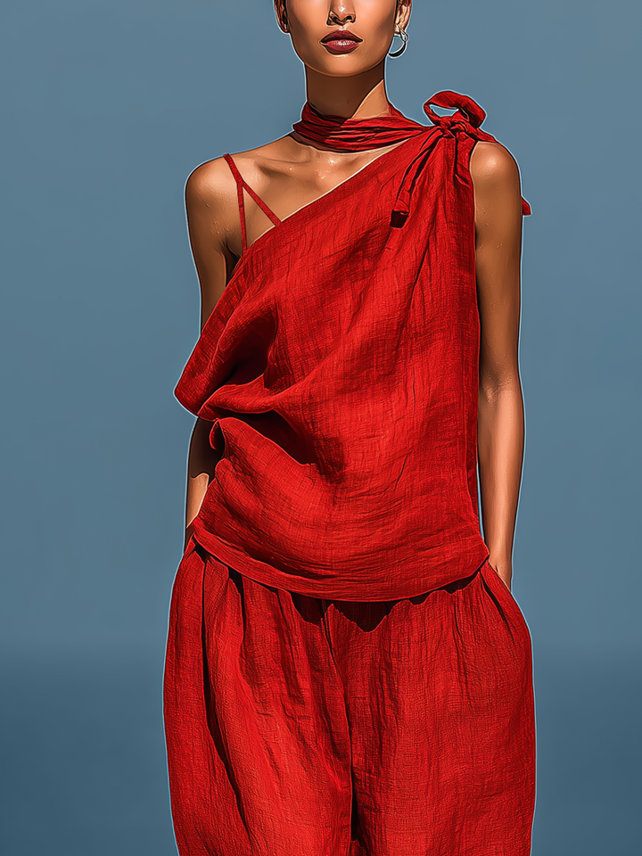 Ensemble Deux Pièces Rouge en Mélange de Lin pour Femmes : Top Asymétrique à Une Épaule (Sans Écharpe) & Pantalon Large avec Poches