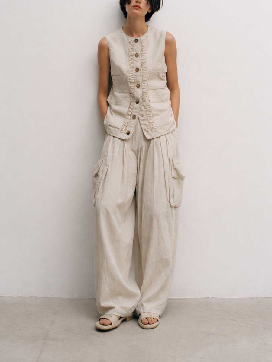 Costume féminin décontracté en coton et lin mélangé couleur blanc cassé