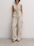 Costume féminin décontracté en coton et lin mélangé couleur blanc cassé
