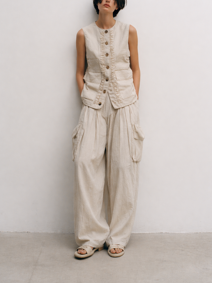 Costume féminin décontracté en coton et lin mélangé couleur blanc cassé