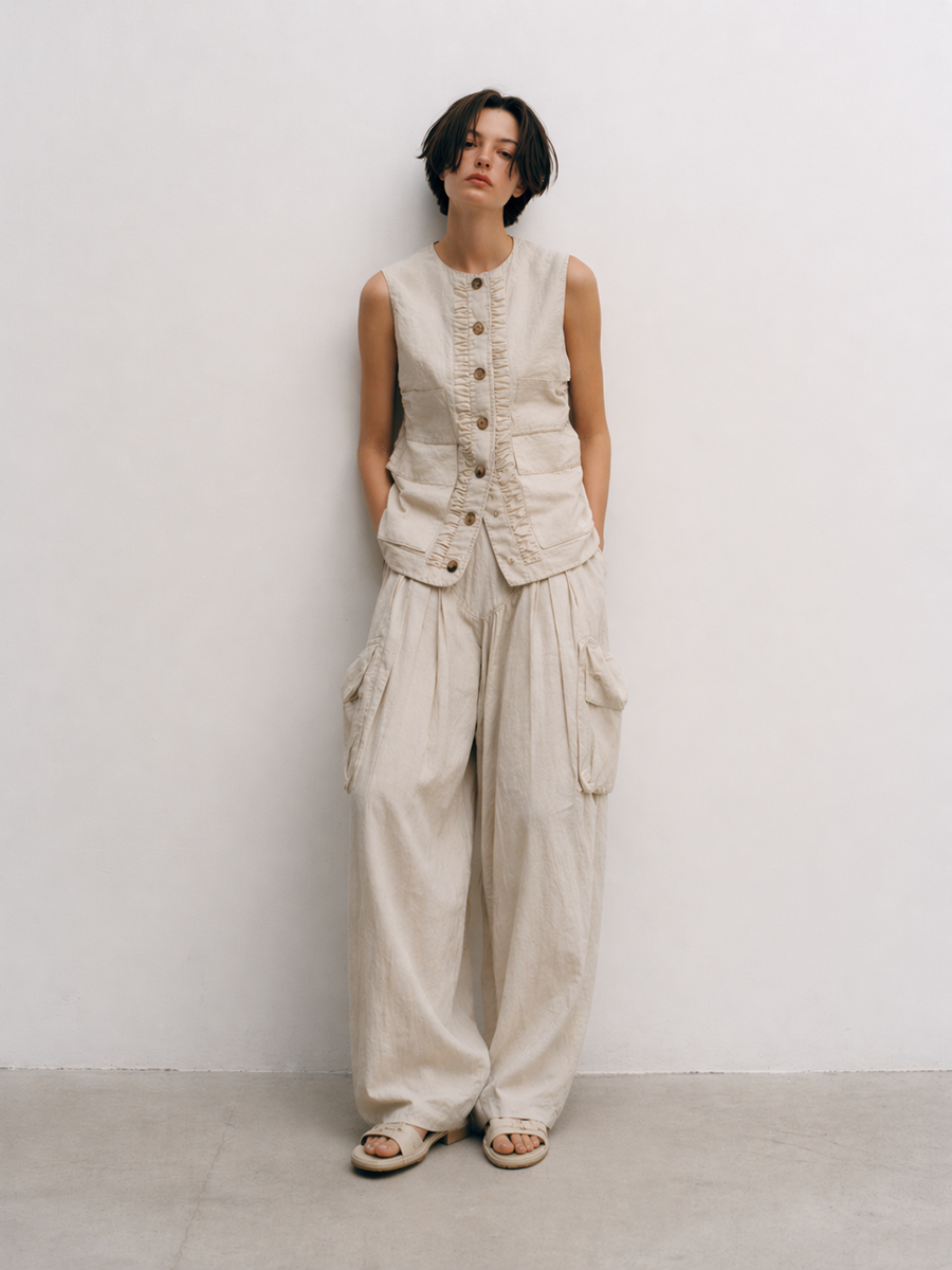 Costume féminin décontracté en coton et lin mélangé couleur blanc cassé
