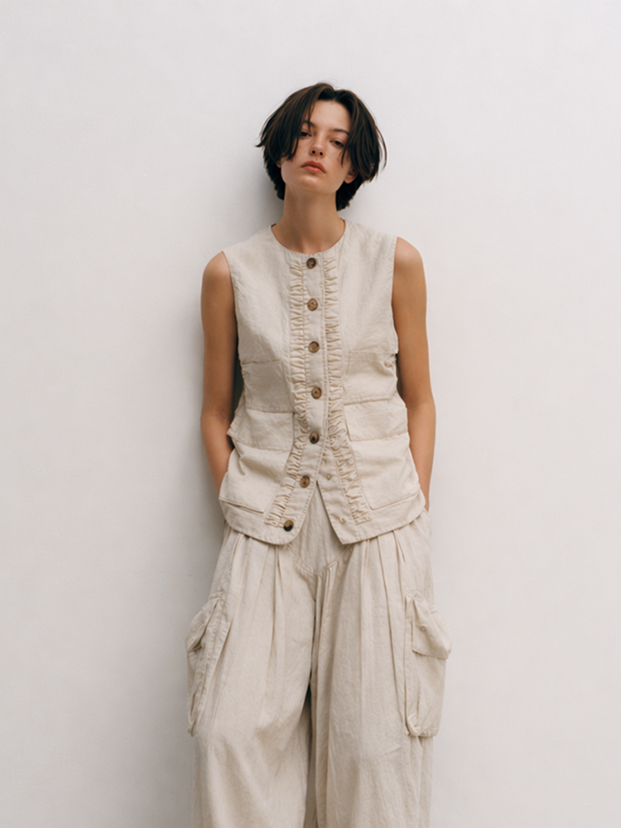 Costume féminin décontracté en coton et lin mélangé couleur blanc cassé