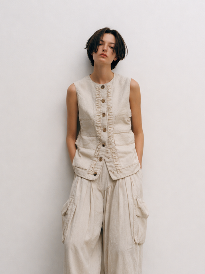Costume féminin décontracté en coton et lin mélangé couleur blanc cassé