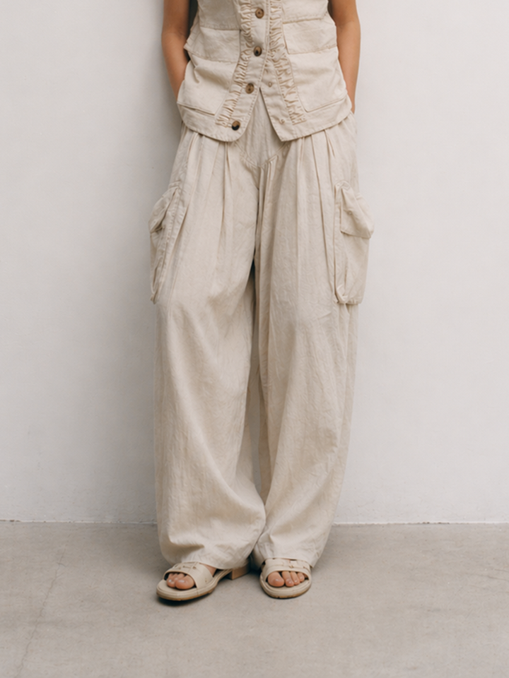 Costume féminin décontracté en coton et lin mélangé couleur blanc cassé