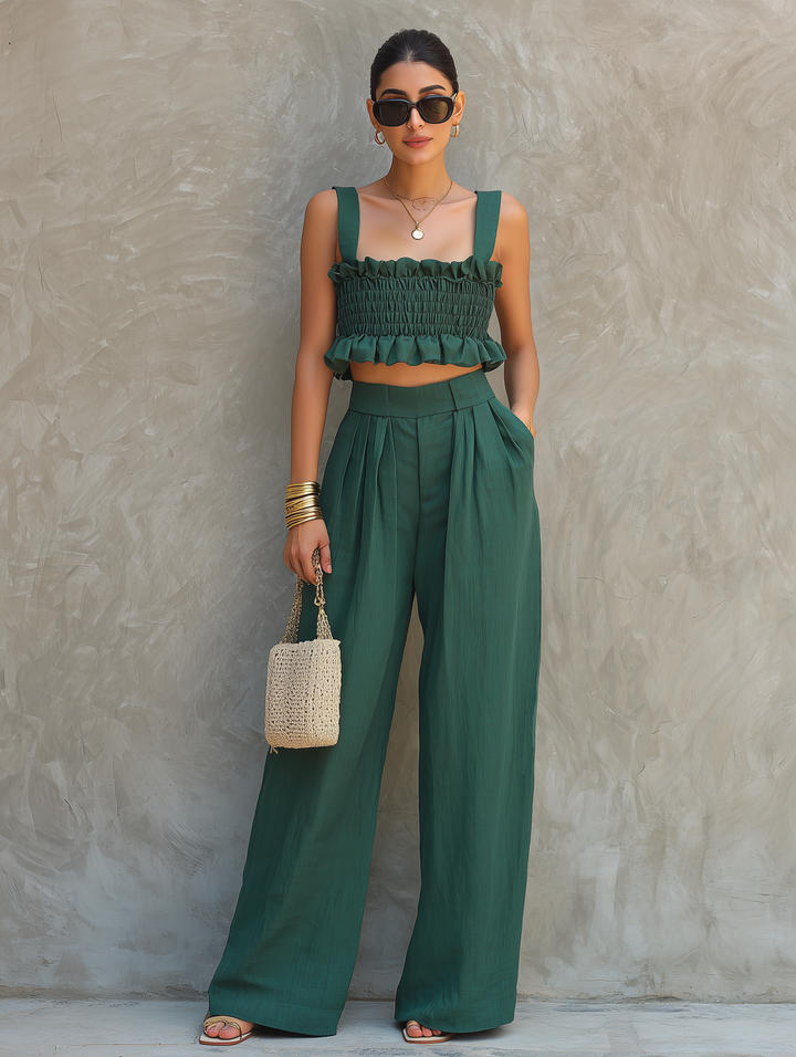Ensemble Minimaliste pour Femmes : Top sans Manches, Volants, Col Carré & Pantalons à Jambes Larges