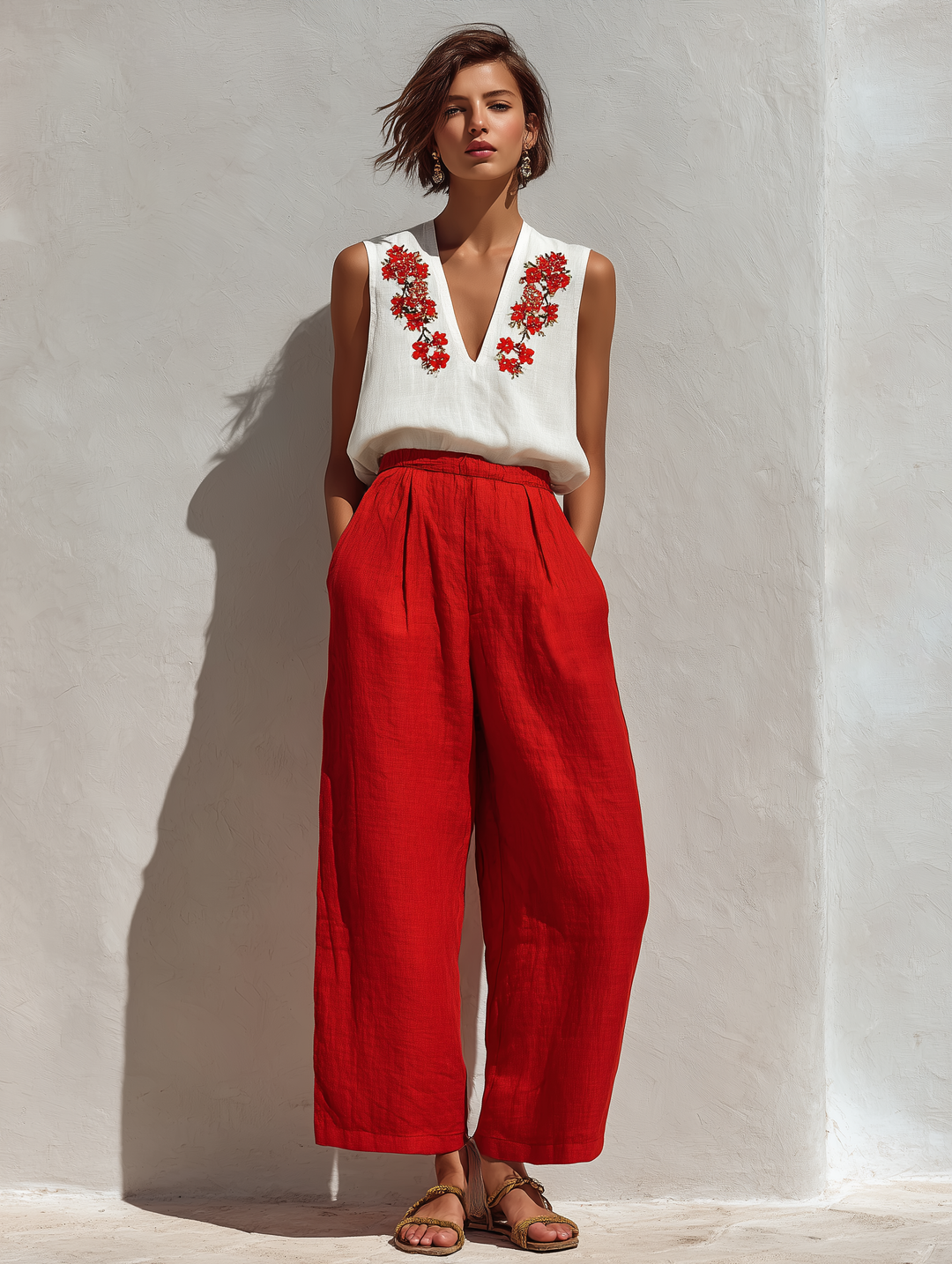 Ensemble Deux Pièces Femme Top en Lin Blanc Sans Manches Brodé de Fleurs & Pantalon Rouge Taille Haute à Jambes Larges