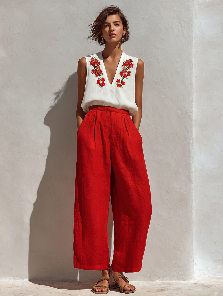 Ensemble Deux Pièces Femme Top en Lin Blanc Sans Manches Brodé de Fleurs & Pantalon Rouge Taille Haute à Jambes Larges