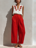 Ensemble Deux Pièces Femme Top en Lin Blanc Sans Manches Brodé de Fleurs & Pantalon Rouge Taille Haute à Jambes Larges